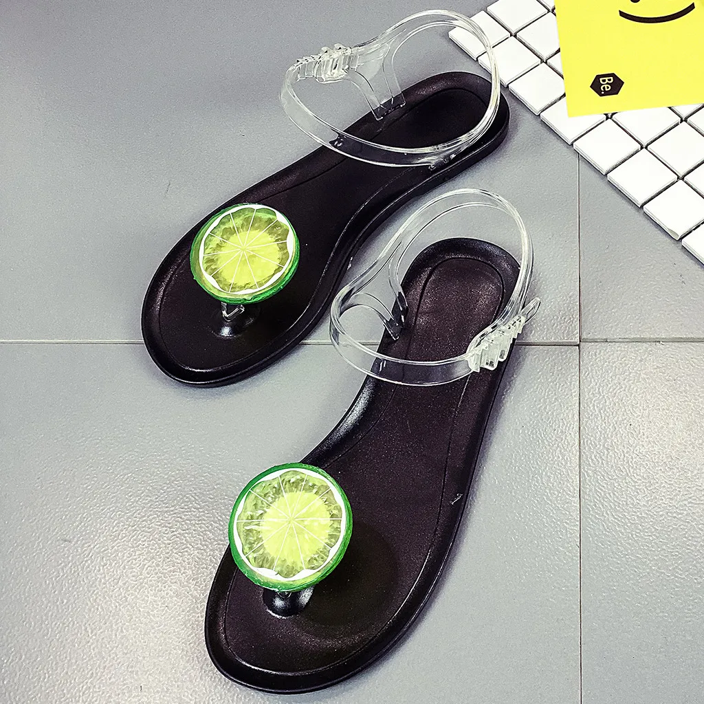 Women's sandals Fashion chaussures femme Transparent Strap sandals women Lemon Pattern Flat Sandals Beach Shoes Slides terlik