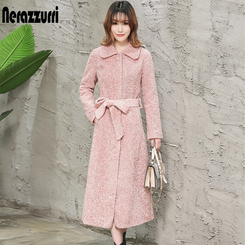 Pink Nerazzurri/зимнее длинное пальто из искусственного меха для женщин с длинным рукавом и отложным воротником, пушистое теплое пальто больших размеров, розовое, черное, Женское пальто из овечьей шерсти с поясом, пальто из - Цвет: Pink