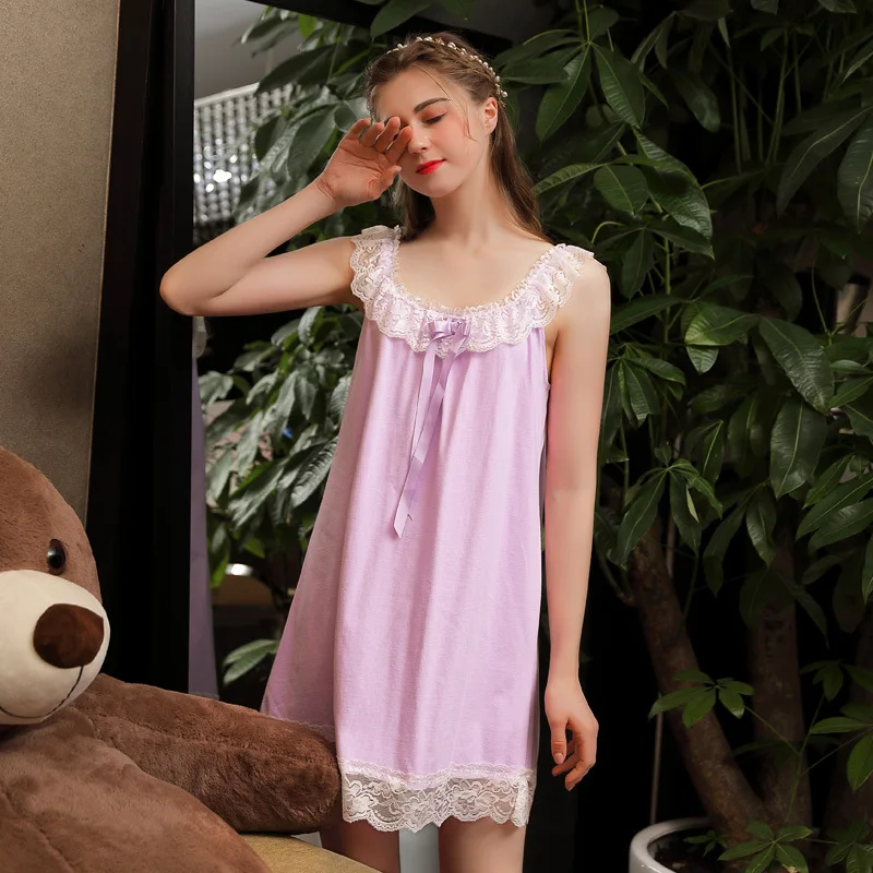 

Summer Sleeping Skirt Court Princess 100% Cotton Short Skirt Thin Womens Nightgown Sleepwear Sleeveless Night Dress Night Gown