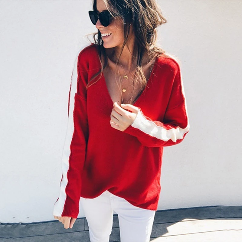 Women Casual Long Sleeve Deep V Neck Pullovers Autumn Loose Knitted Sweater Fashion Patchwork Color Tops | Женская одежда