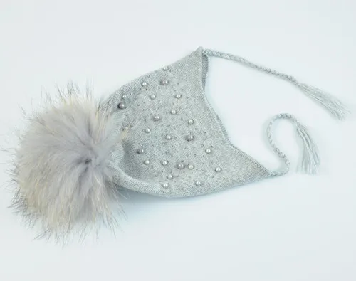 Light grey match fur Детская меховая шапка с помпонами, зимняя теплая, настоящий большой меховой шарик, шапка с тесьмой, Детская эластичная вязаная шапочка, шапки для мальчиков и девочек - Цвет: Light grey match fur