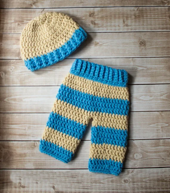 free shipping baby boy's beanie with Matching blue stripe pants Sets Newborn crochet Photography Prop 100% cotton |