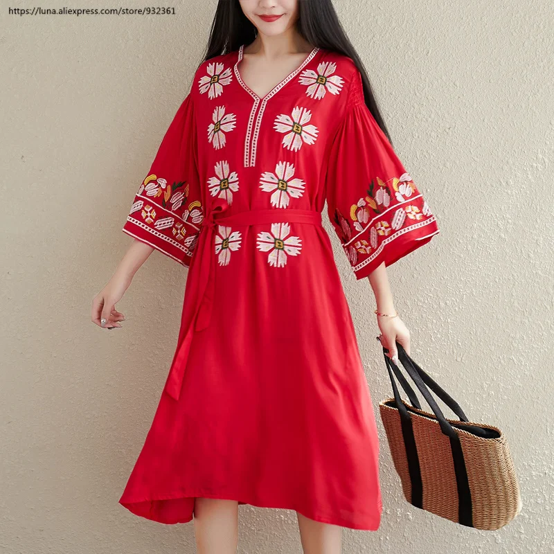 Винтажная Цветочная вышивка блузка длинное платье boho женские платья осень лето