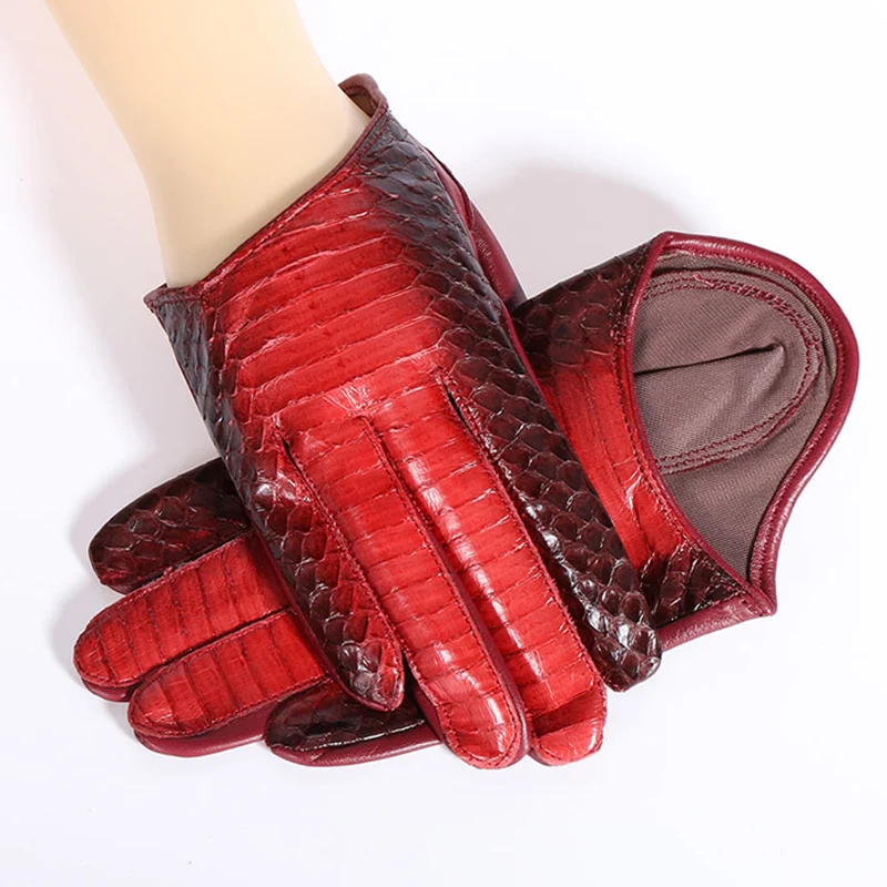 Genuine Leather Women Gloves Female Spring Autumn Thin Style Snakeskin Pattern Half Palm Sheepskin Gloves 1319