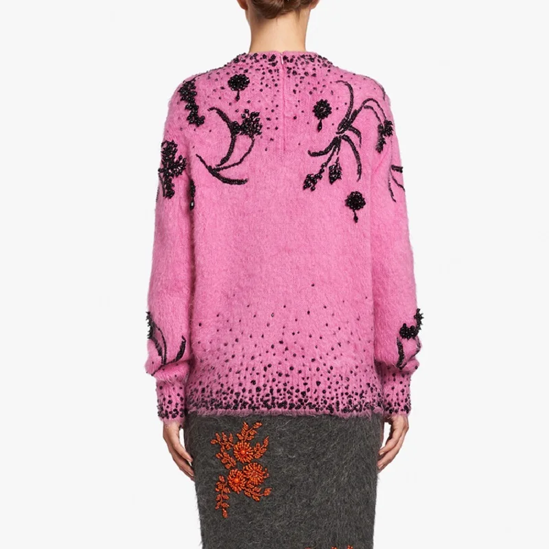2018 Vintage Rose Mohair Sweaters and Pullover Women Floral Pattern Beading Long Sleeve Autumn Winter Runway Knit Jumper Clothes | Женская