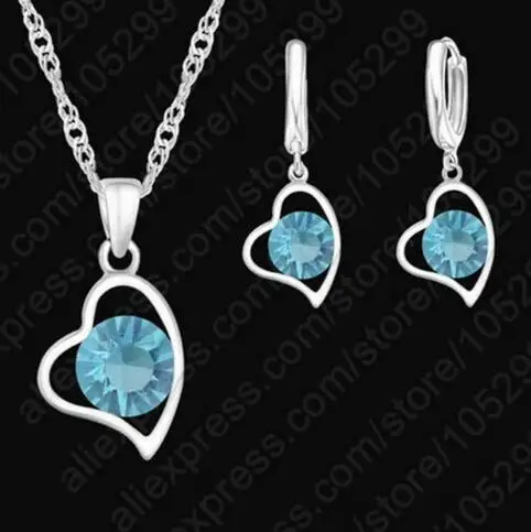 blue Большая Акция, Модные Ювелирные наборы в форме сердца, 925 пробы, серебро, кубический цирконий, ожерелье, серьги, опт - Окраска металла: blue