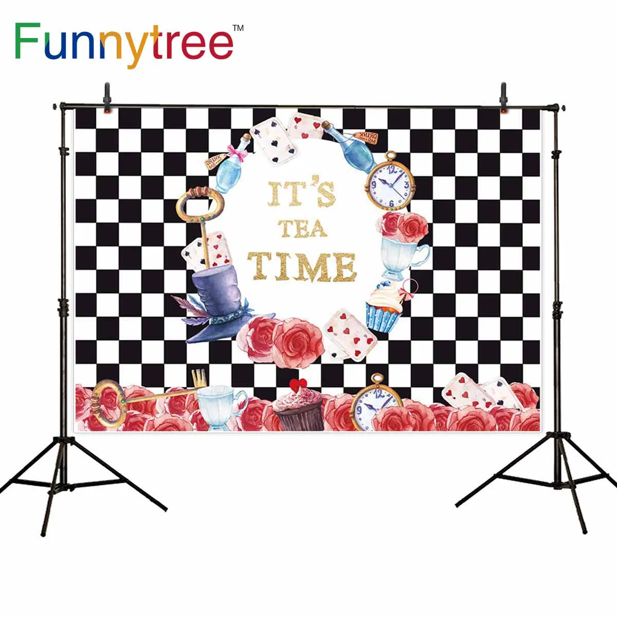 Фон для фотосъемки Funnytree черно-белая решетка Алиса страна чудес Декорации