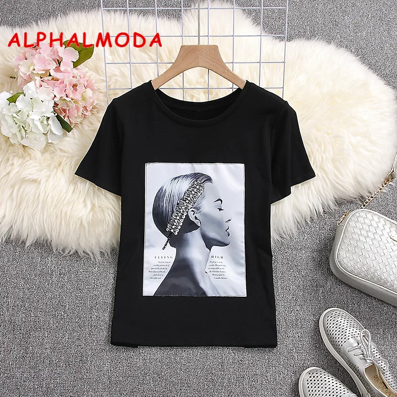 Женская футболка с блестками ALPHALMODA белая или черная коротким рукавом и