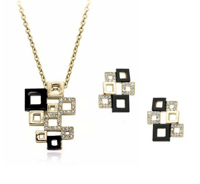 OMH wholesale 18 KT white gold Austrian crystals quartet puzzle Jewelry sets Silver black Necklace+Earrings TZ160 | Украшения и
