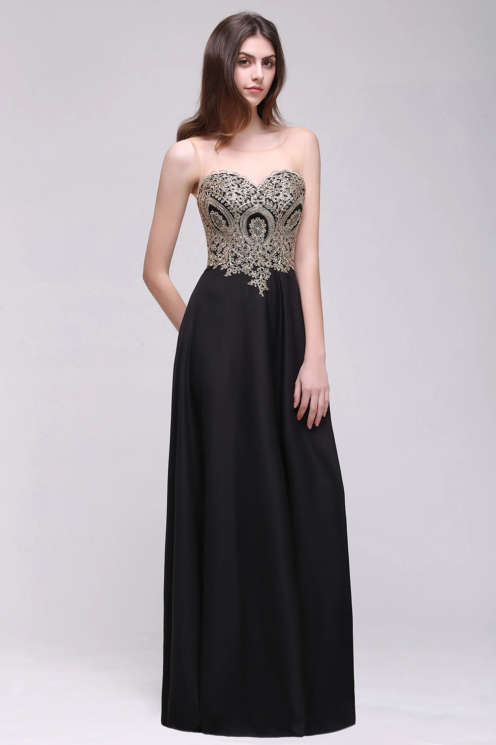 Robe de Soiree Longue Sexy Sheer Back Navy Black Lace Long Evening Dress Cheap A Line Appliques Embroidery Gowns | Свадьбы и