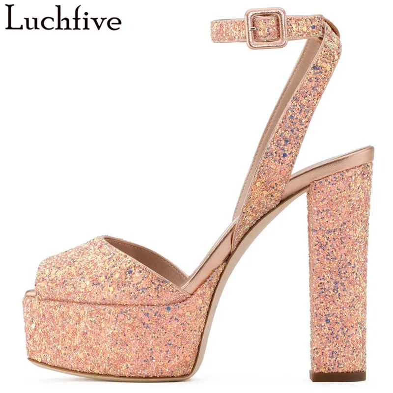 pink glitter Популярные босоножки на платформе; женские пикантные летние туфли с открытым носком на высоком каблуке; женские туфли с пряжками и ремешком; Цвет черный, ретро; Buty Damskie Letnie - Цвет: pink glitter