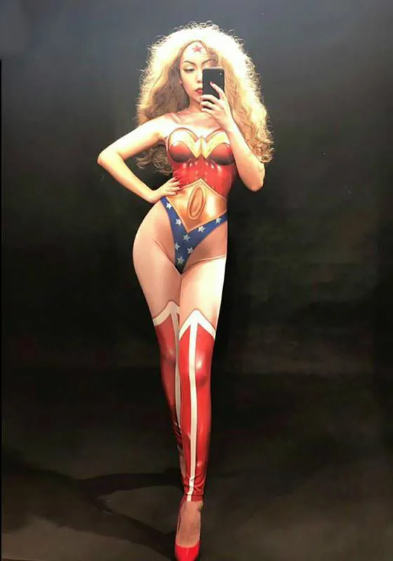 Wonder Woman, сексуальный комбинезон, для ночного клуба, вечерние, для выступлений, для праздника, для танцора, певицы, костюмы сценическая одежда, женский боди с 3D принтом