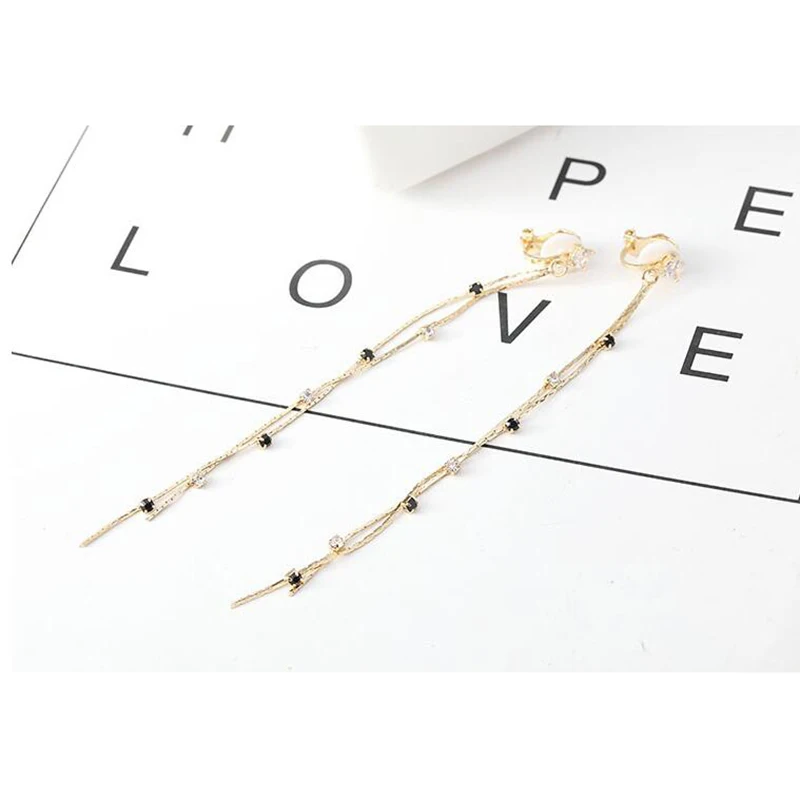 Tassel 7 Бренд Grace Jun AAA CZ длинные серьги-клипсы в форме сердца с бантом, модные свадебные серьги с кисточками, ювелирные изделия, серьги без отверстий - Окраска металла: Tassel 7