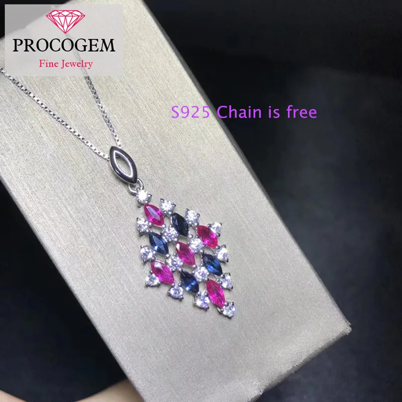 

Natural Ruby and Sapphire Pendants diamond-shaped Necklace Genuine Gems for Female Zircon Fine jewelry 925 Sterling Silver #366