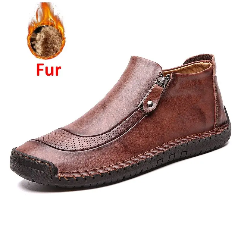 DARK BROWN 01 Fur ZINYU/ г. Новые модные мужские ботинки высококачественные зимние ботильоны из спилка теплая меховая плюшевая зимняя обувь размера плюс 38-48 - Цвет: DARK BROWN 01 Fur