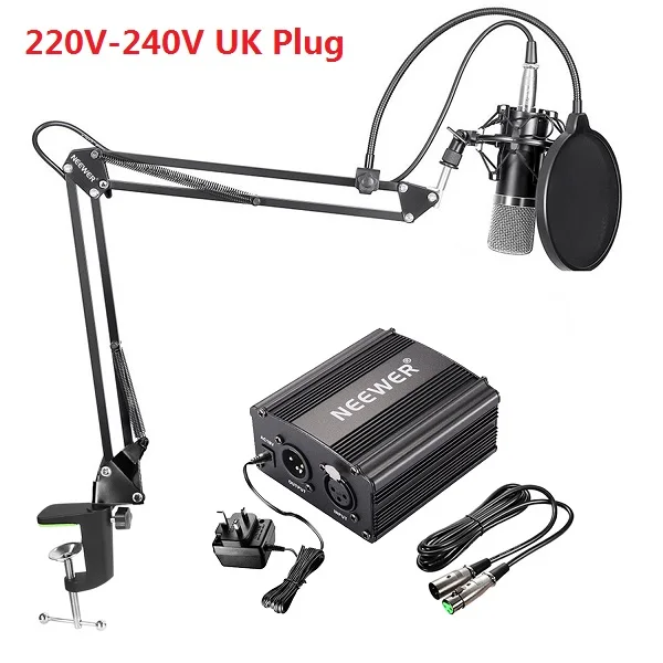 220V-240V UK Plug Neewer NW-700, профессиональный конденсаторный микрофон и ножничная подставка+ кабель XLR+ монтажный зажим и поп-фильтр и фантомный источник питания 48 В - Цвет: 220V-240V UK Plug