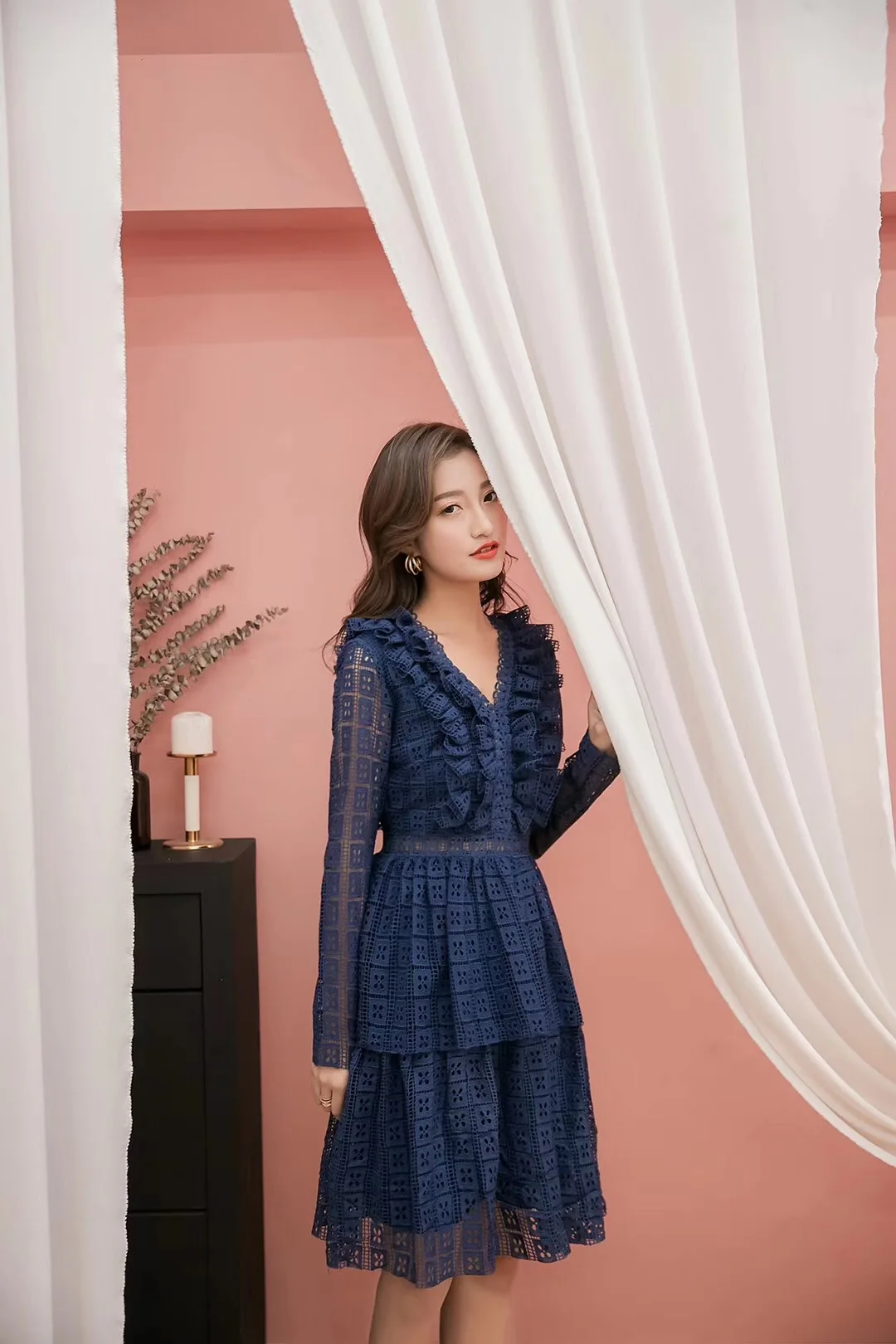 EDGLulu/кружевное платье ярко розовое светло синее корейское элегантное весеннее