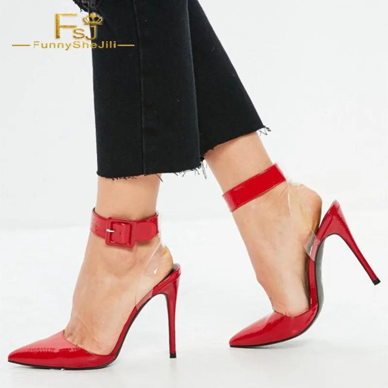 

FSJ Red Clear PVC Stiletto Heel Women Pumps Sexy Ankle Strap Buckle Pointed Toe Leather Ladies Date Shopping Sandals 2021 Summer
