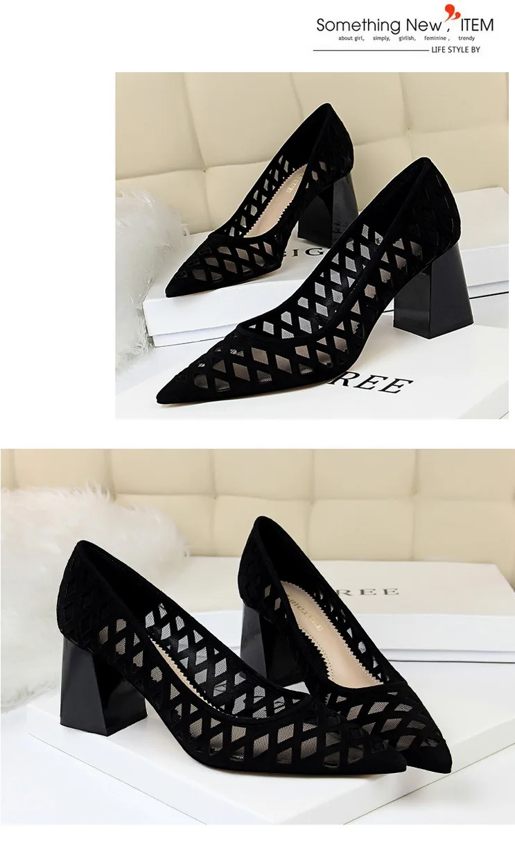 LTARTA/модные пикантные туфли для ночного клуба на Высоком толстом каблуке с закрытым острым носком; тонкие туфли из сетчатого материала женская обувь DS-182-1