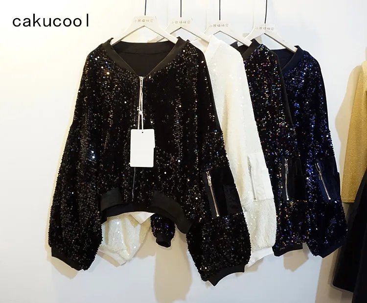 Cakucool/Женская куртка бомбер с блестками пальто бейсбольные куртки длинными