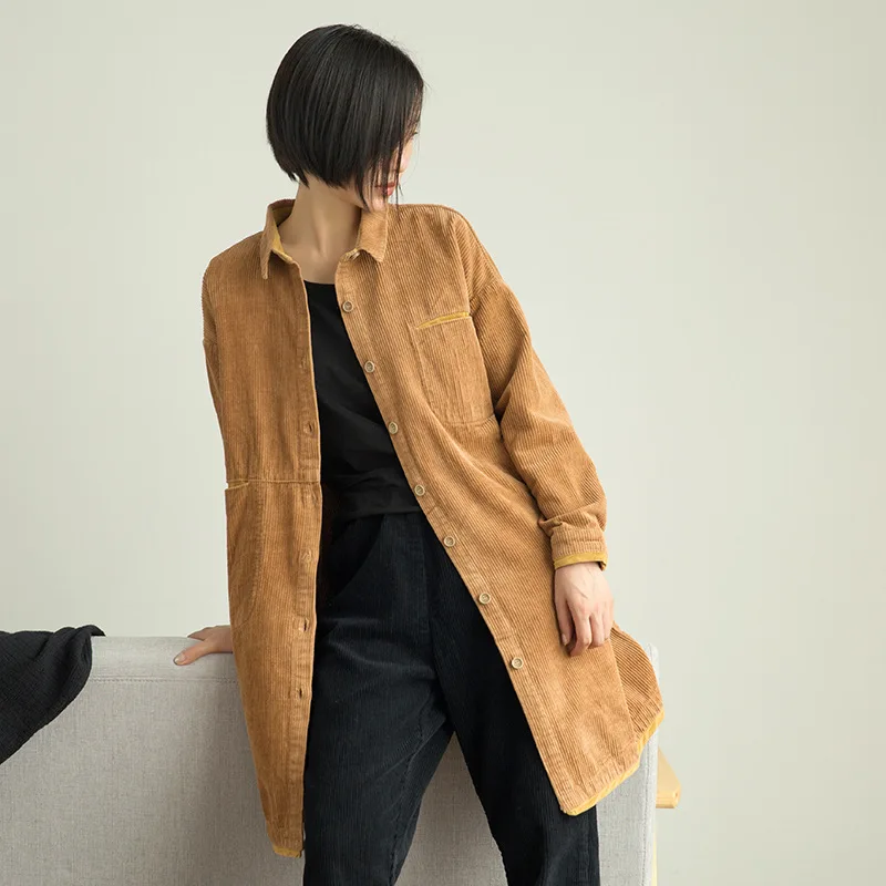 

Johnature Vintage Turn-down Collar Full Sleeve Corduroy Women Clothes 2021 Autumn New Casual Wide-waisted Long Trench Coat