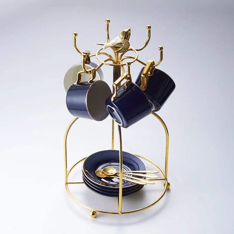 Blue 4Cups Birdcage Выразительная фарфоровая кофейная чашка, блюдце, ложка, набор, 200 мл, Скандинавская чайная чашка, керамический чайный набор, расширенная чайная чашка, кофейная чашка эспрессо, Прямая поставка - Цвет: Blue 4Cups Birdcage