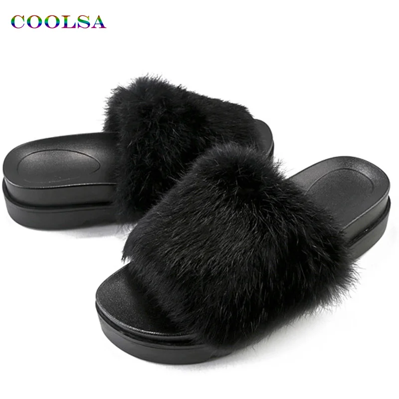 Black Coolsa/Новинка; женские длинные плюшевые тапочки; пушистые шлепанцы с кроличьим мехом; толстые нижние сандалии; домашние шлепанцы; женская повседневная обувь для вечеринок - Цвет: Black