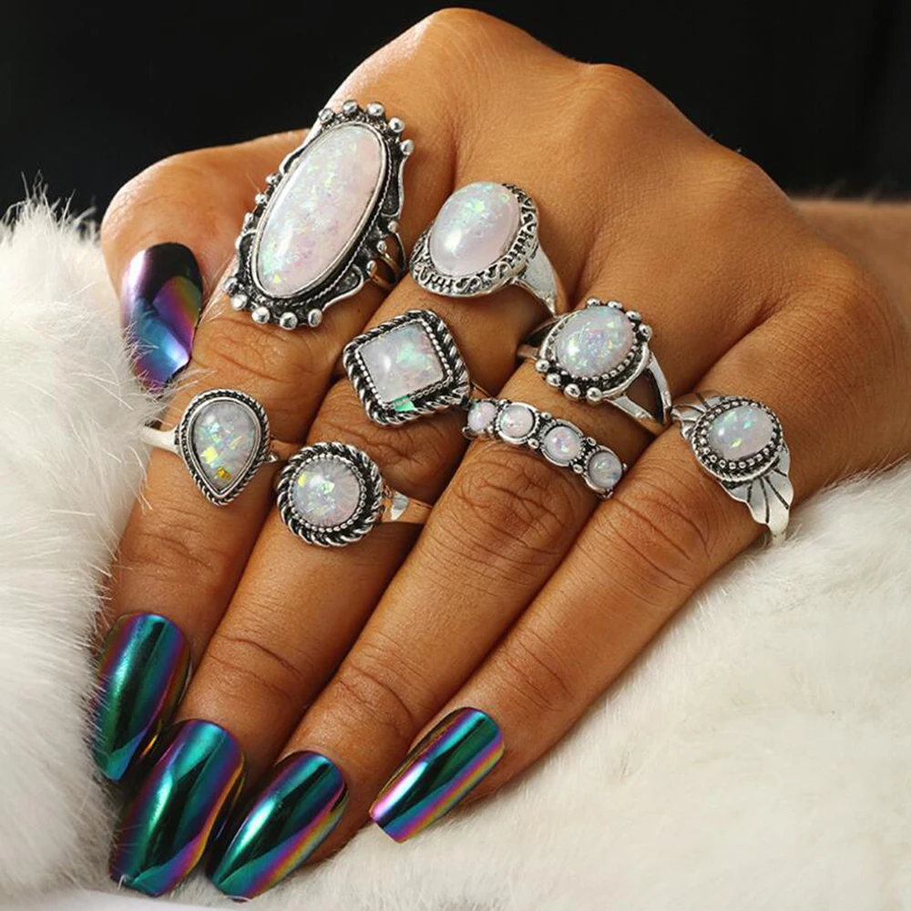 : Meyfflin Новый Vintage Opal набор колец на сустав пальца для Для женщин с цветочным узором