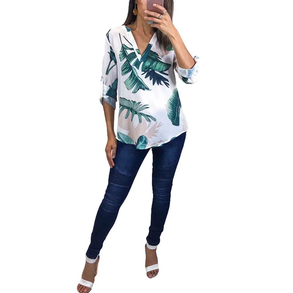 Горячая мода цветок листья печатных с длинным рукавом V образным вырезом