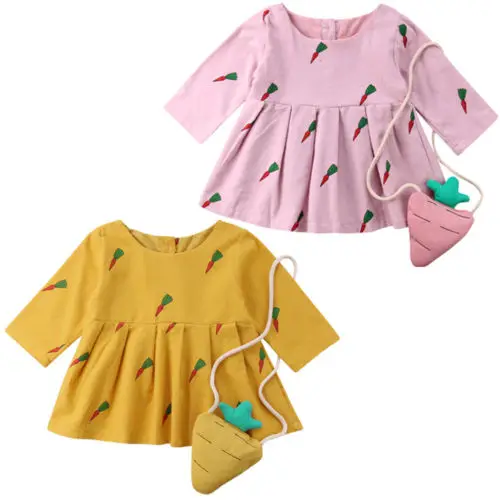 Toddler Children Baby Girls Dress Carrot Print Long Sleeve Autumn Round Neck Princess Party Dresses Girl Clothing Cute Cotton | Детская