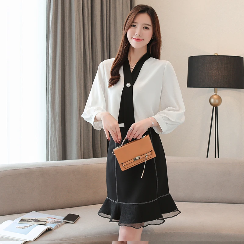 Женские рубашки и блузки желтого белого цвета в Корейском стиле элегантные