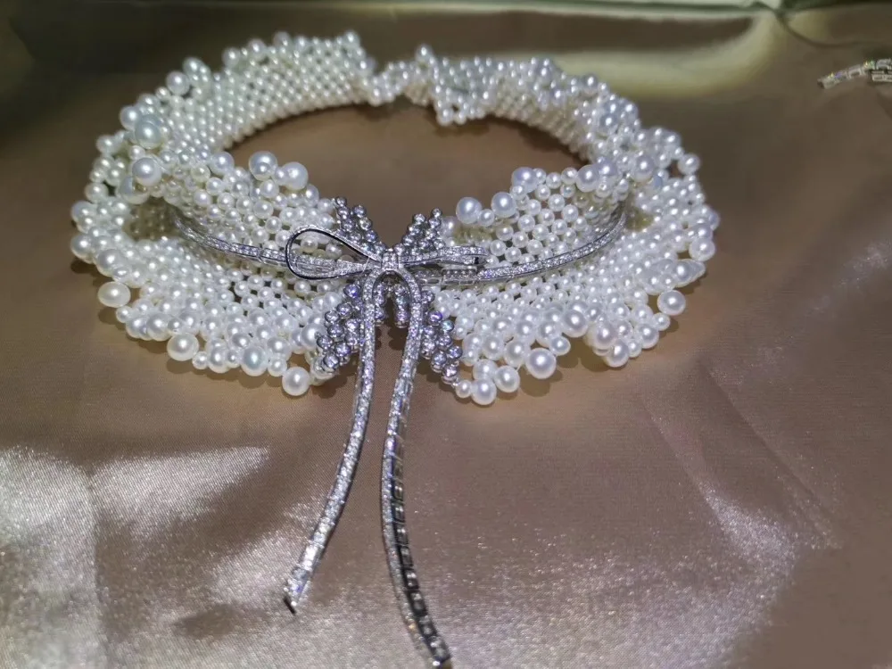 ?? 100% 本物の淡水真珠のネックレスのレース 925 スターリングシルバーちょう結びチョーカー結婚式のためのパーティーファ女性ジュエリー