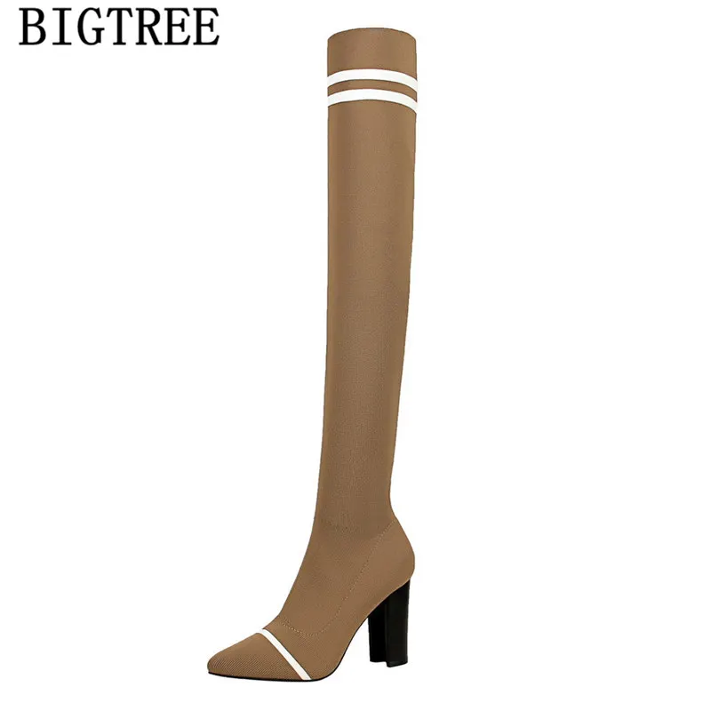 Вязаные высокие сапоги Bigtree обувь выше колена на высоком каблуке дизайнерская