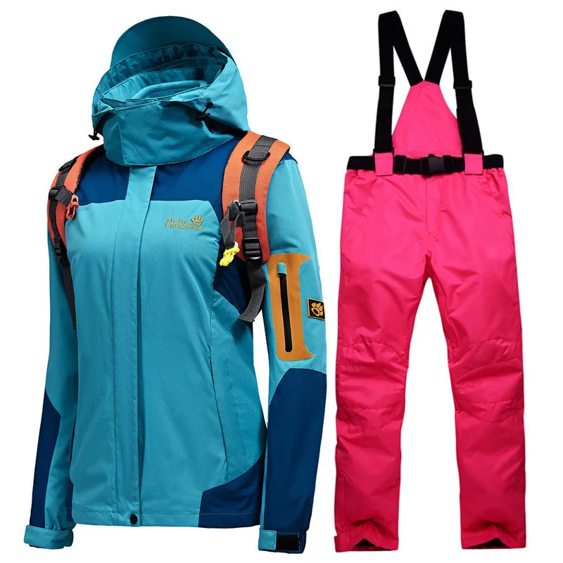 Sky blue Bright pink Зимний лыжный костюм, женский бренд, высокое качество, лыжная куртка и штаны, теплые, водонепроницаемые, ветрозащитные, лыжные и сноубордические костюмы - Цвет: Sky blue Bright pink
