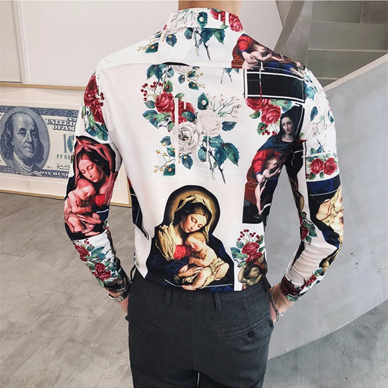 Virgin Mary шаблон с Иисусом Роскошные печатные рубашки для мужчин длинными рукавами