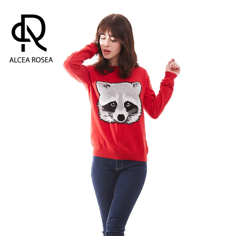 Alcea Rosea Cute Casual Red Sweater Crew Neck Animal Ringtail Penguin Jacquard Women's Knitted for Girls and Ladies 036 | Женская