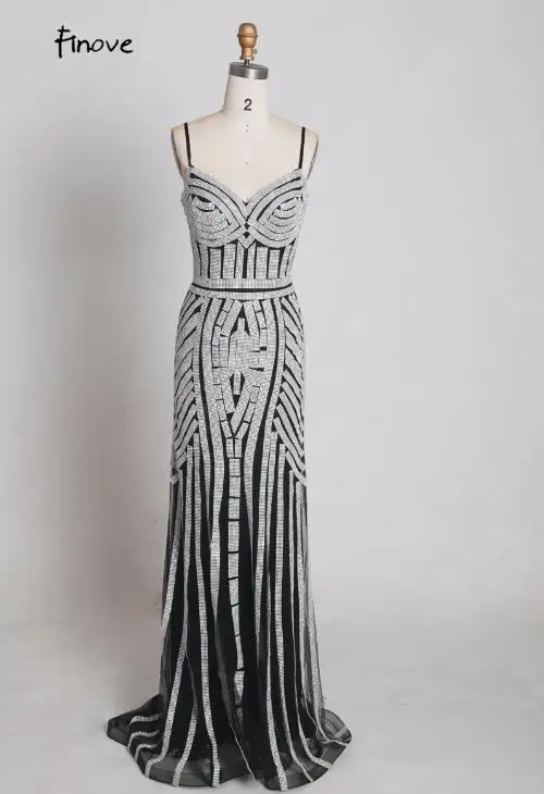 Black and Silver Finove/Вечерние платья цвета шампанского, элегантные сексуальные вечерние платья без рукавов с v-образным вырезом, украшенные кристаллами и бисером, длинные платья для выпускного вечера для женщин - Цвет: Black and Silver