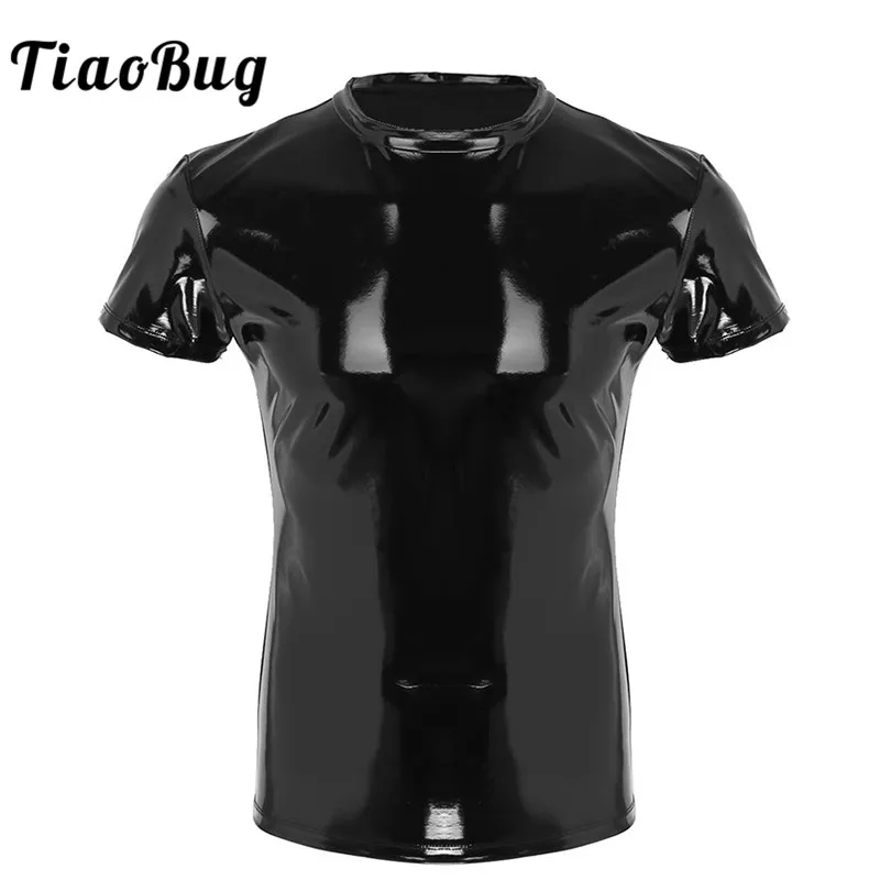 TiaoBug модная мужская футболка из искусственной кожи с мокрым эффектом коротким