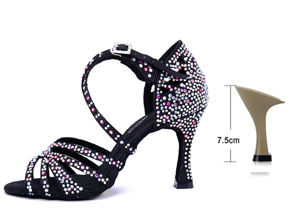 Black heel 7.5cm WUXIJIAO/женские вечерние туфли для сальсы и бальных танцев; туфли для латинских танцев; большие и маленькие стразы; блестящая бронзовая кожа; черный атлас; Каблук 9 см - Цвет: Black heel 7.5cm