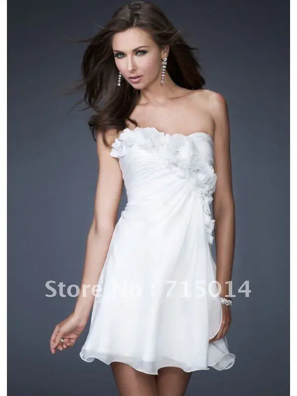 Hot Sale White Strapless A line Ruffles Pleat Mini Flower Chiffon Homecoming Dresses/Evening Dress HD1|dress shapes|dress webdress work |