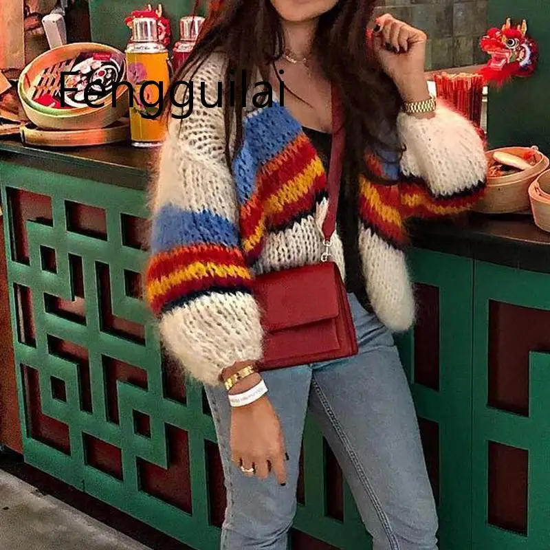 Женский вязаный кардиган с рукавом летучая мышь в полоску |