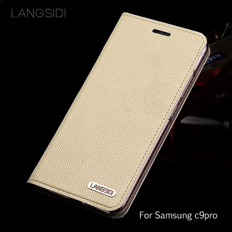 

Luxury leather calfskin litchi texture For Samsung Galaxy c9pro flip phone case all handmade custom