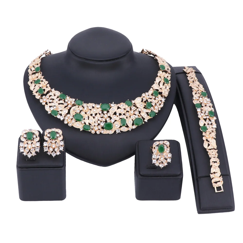 Gold Green Богемные Кристальные Ювелирные наборы для невесты золотого и серебряного цвета, ожерелье со стразами в комплекте, свадебные ювелирные изделия для женщин, свадебные, вечерние, юбилейные - Окраска металла: Gold Green