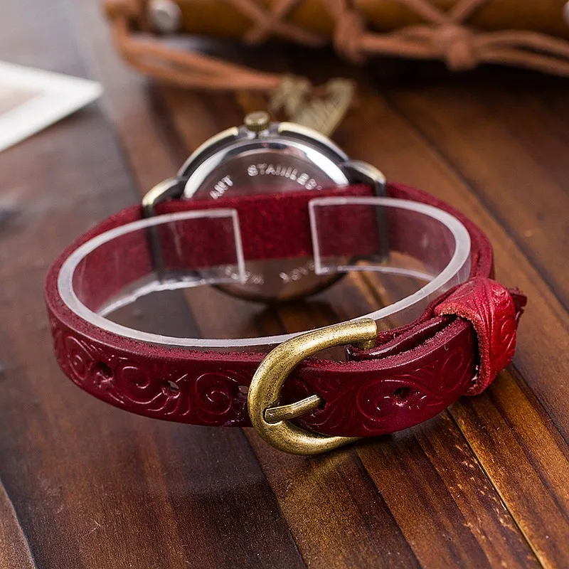CCQ Марка Винтаж Корова Кожаный Браслет Смотреть Женщин Цветочной Гравировкой