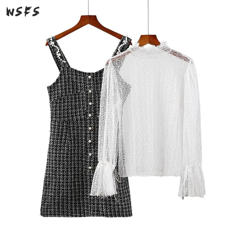 

2 Pieces Set Autumn Womens Dresses White Lace See Through Tops Bodycon Tweed Black Plaid Braces Skirt Ladies Sexy Party Dress