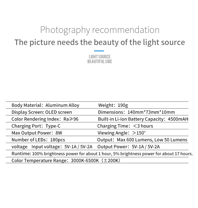Manbily MFL-06 Mini Portable Photography Lighting Ultral Thin 4500mAh LED Video Light 180 LEDs Fill Light High CRI>96 for Camera