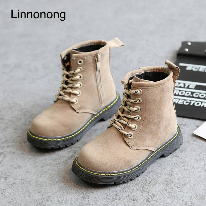 Linnonong Autumn Winter Children Boots Fashion Lace up Leather Kids Antislip Martin for Boys Girls Size 27-36 | Детская одежда и