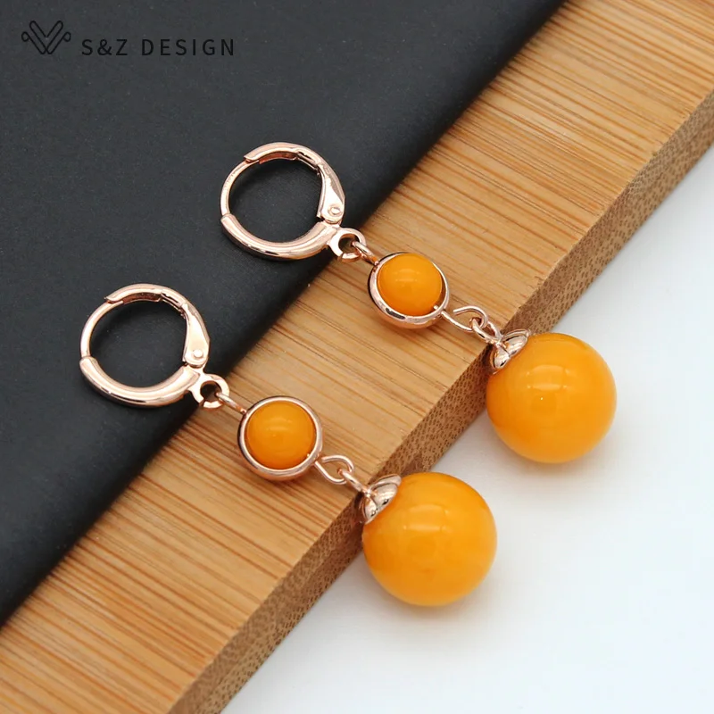 

S&Z Round Simulated Beeswax Long Dangle Earrings Trendy 585 Rose Gold Classic Vintage Eardrop For Women Wedding Party Jewelry