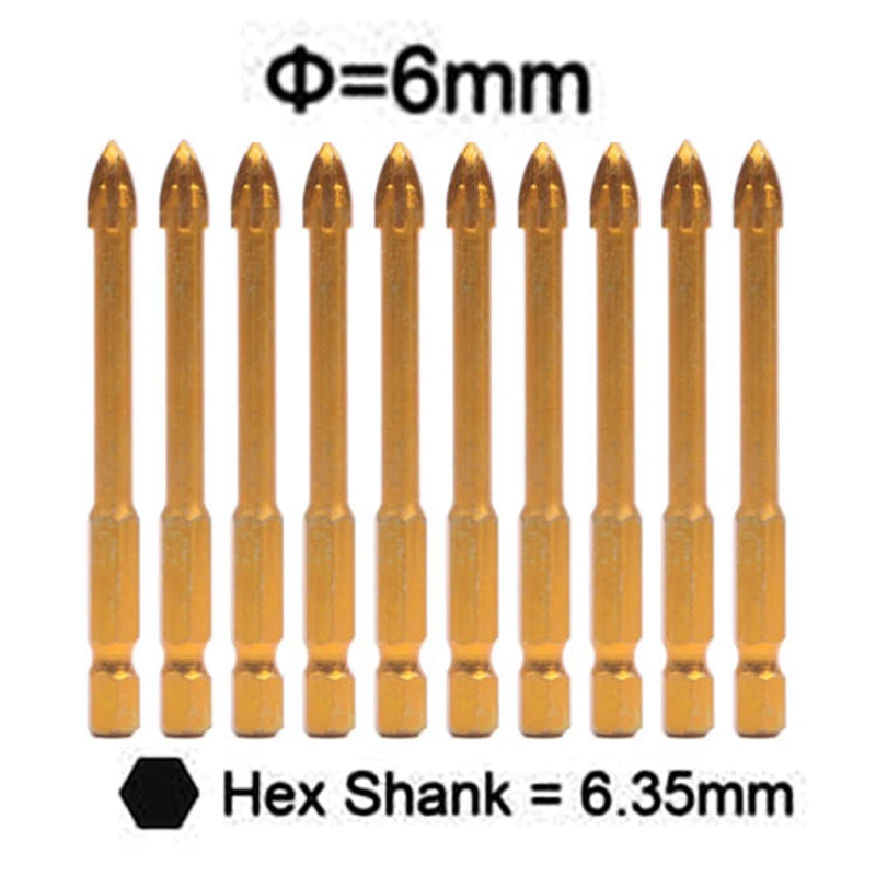 

10pcs 6mm Glass Drill Bit Hex Shank For Mable Porcelain Ceramic Tile Concrete Brick Plastic Wood Cross Spear Head