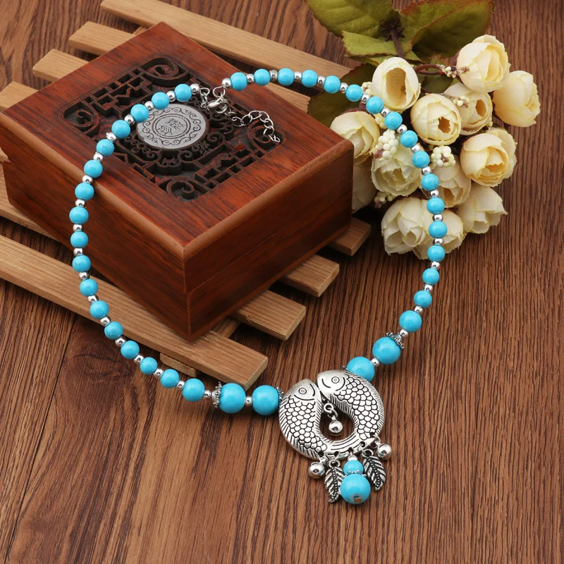 Btuamb Bohemian Natural Stone Beads Leaves Tassel Necklaces for Women Jewelry Vintage Double Fish Bib Bar Chain Bijoux | Украшения и